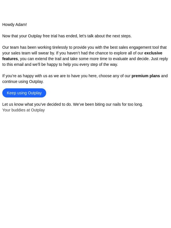Your Outplay free trial has ended, can we help? email from Outplay screenshot