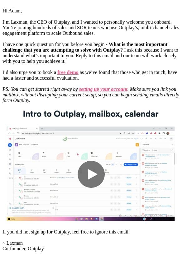 Welcome to Outplay. Let's get you started email from Outplay screenshot