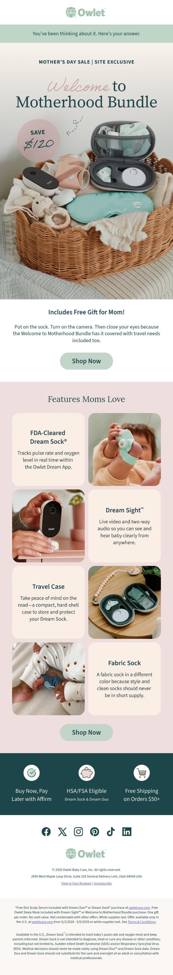 💝 Mom, treat yourself & save! email from Owlet screenshot