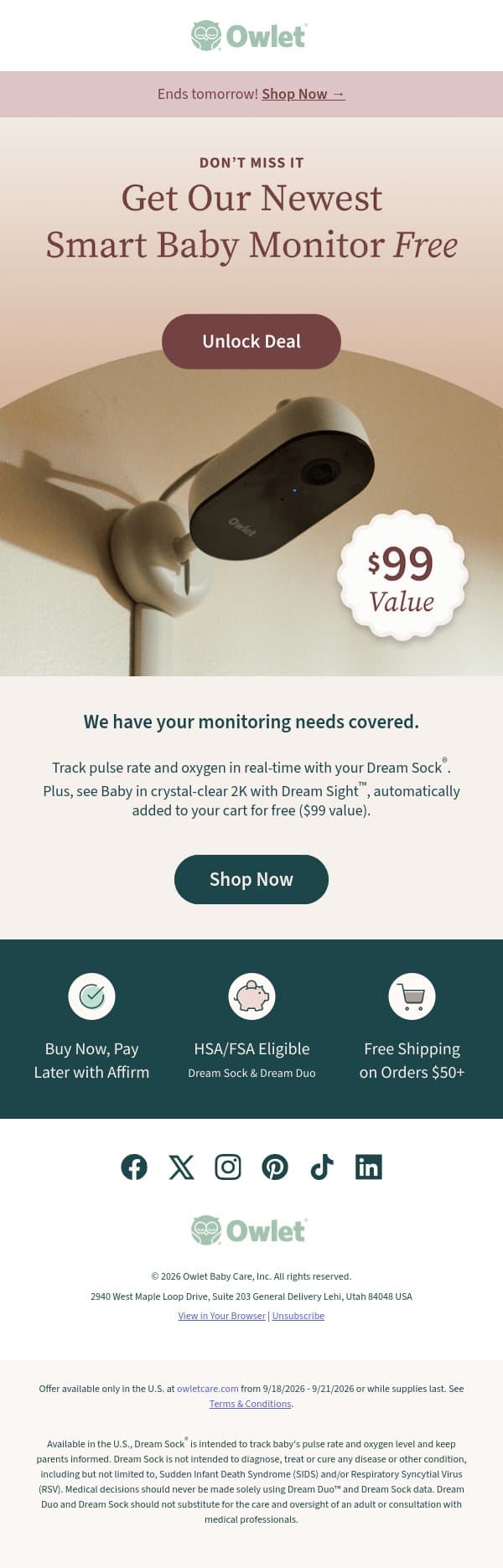 adam, your free camera offer ends tomorrow! email from Owlet screenshot