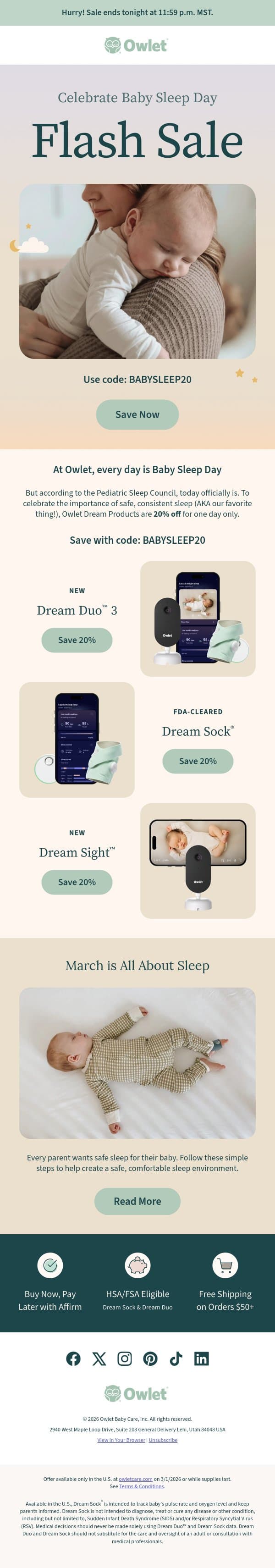 TODAY ONLY! Open to reveal your savings. email from Owlet screenshot