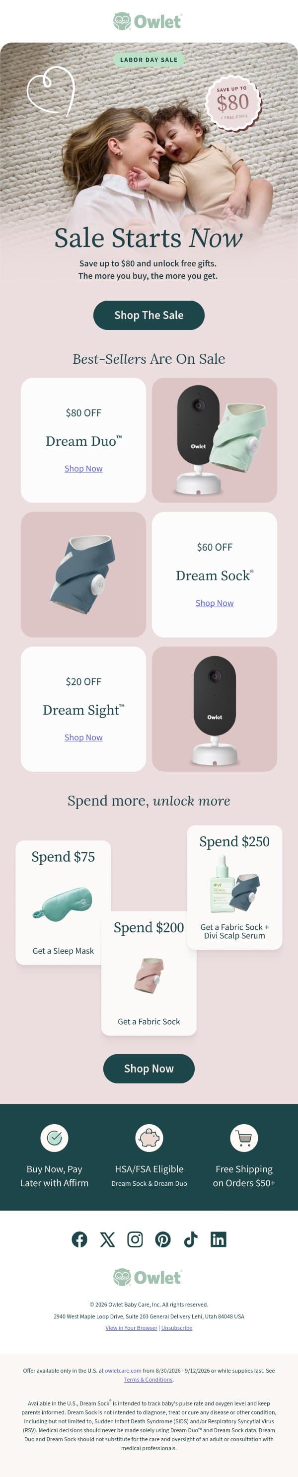 It's happening! Labor Day sale starts now 🎁 email from Owlet screenshot
