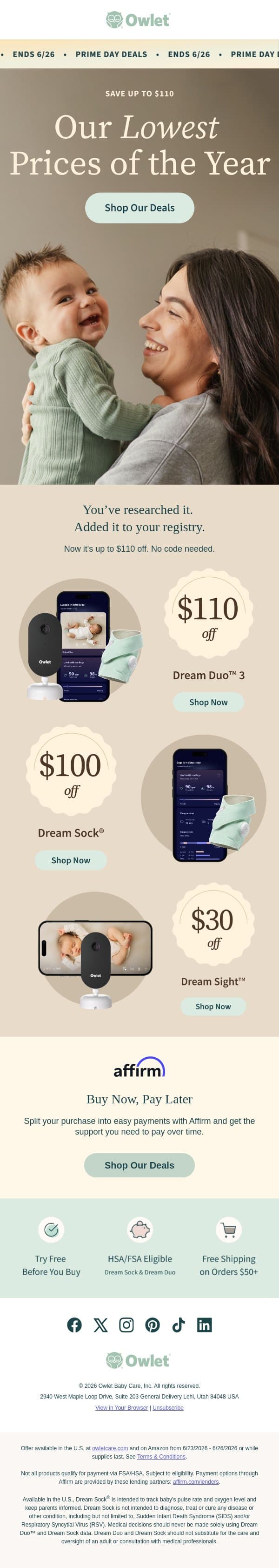 🎉 Prime Day Deals are here! 🎉 email from Owlet screenshot