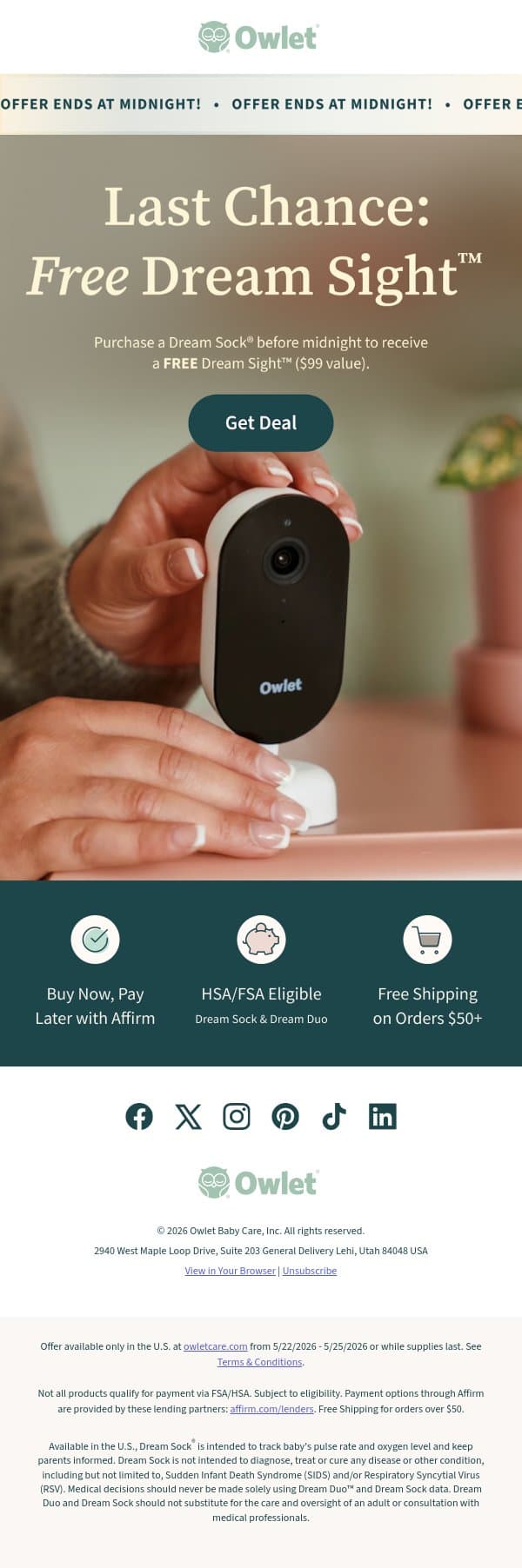⏰ Last day: Don't miss your free gift! email from Owlet screenshot