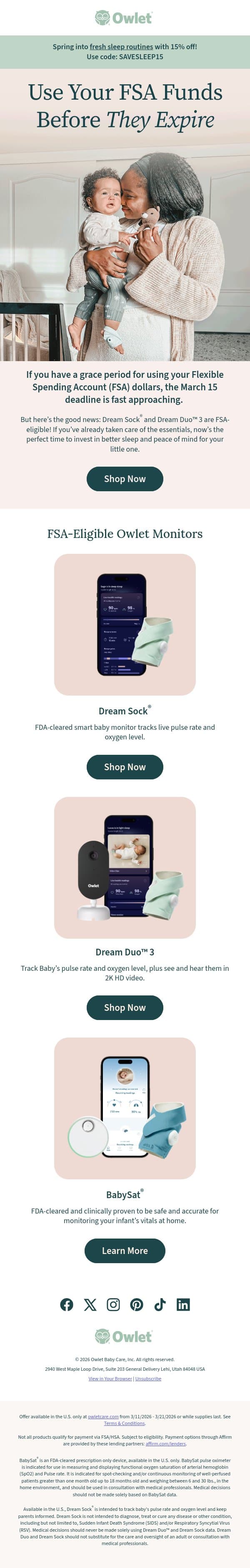 Last call: Use your FSA benefits by 3/15! email from Owlet screenshot