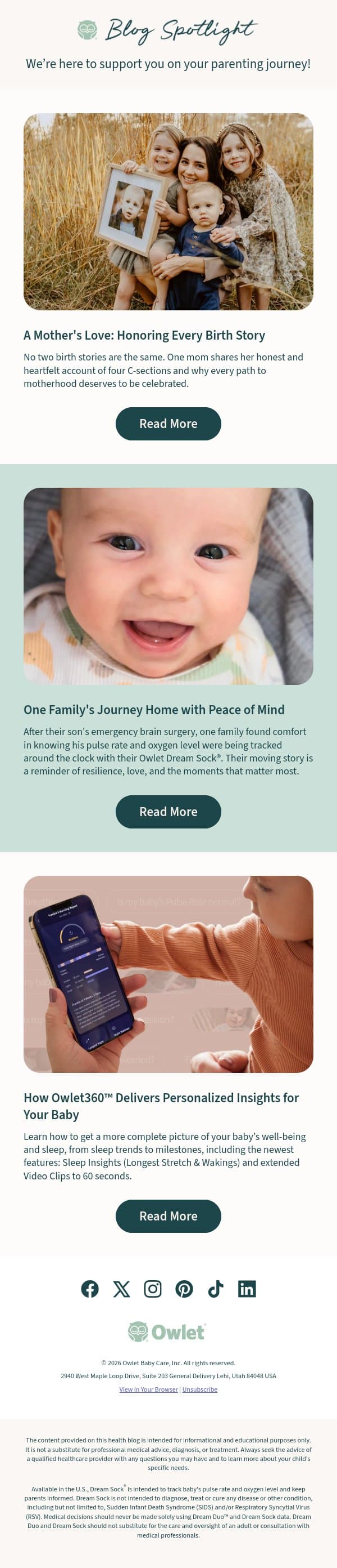 Real stories. Real peace of mind. email from Owlet screenshot