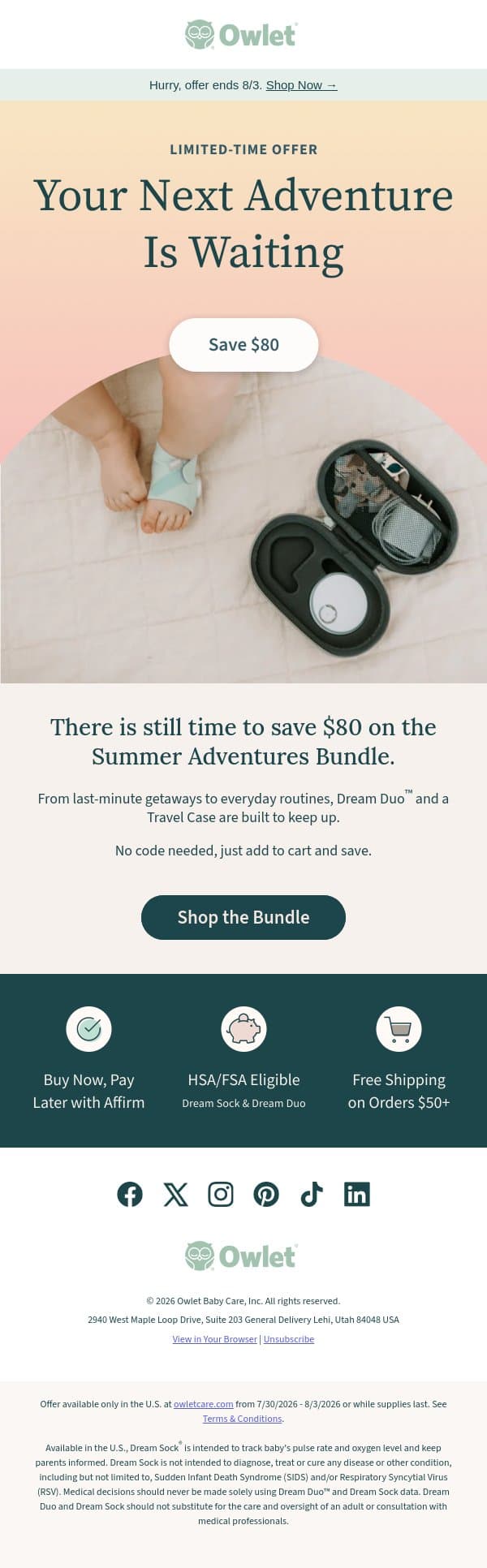 Better bedtimes await, save $80 ☀️ email from Owlet screenshot