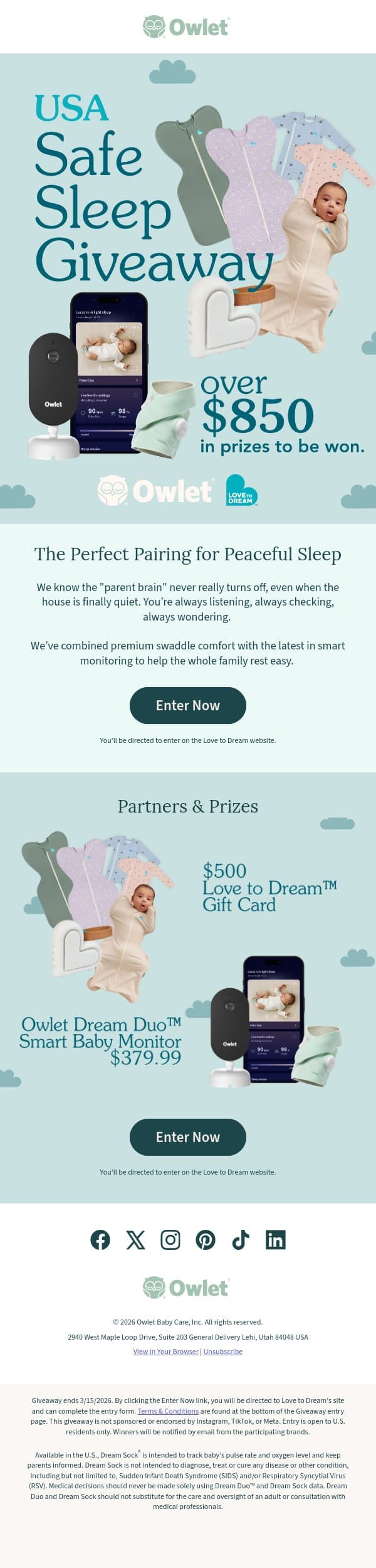 ☁️ You could win a Dream Duo + $500 Love to Dream gift card! email from Owlet screenshot