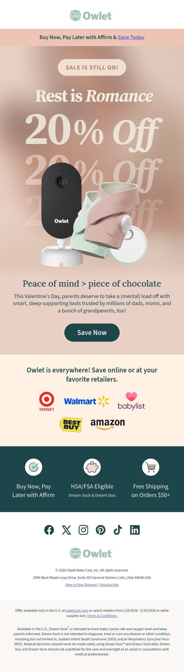 20% off... *add to cart* 🎉 email from Owlet screenshot