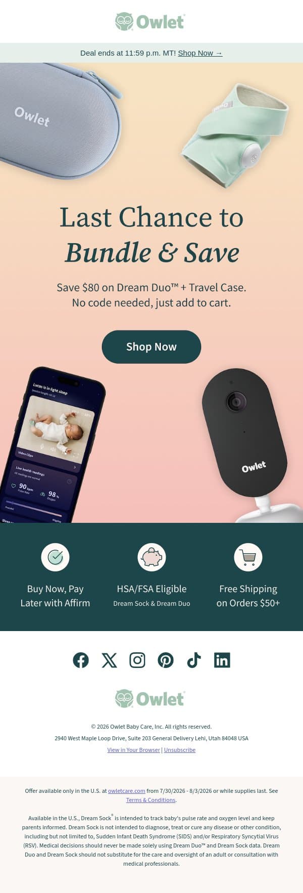 ⏰ Final hours: Bundle & save ends tonight! email from Owlet screenshot