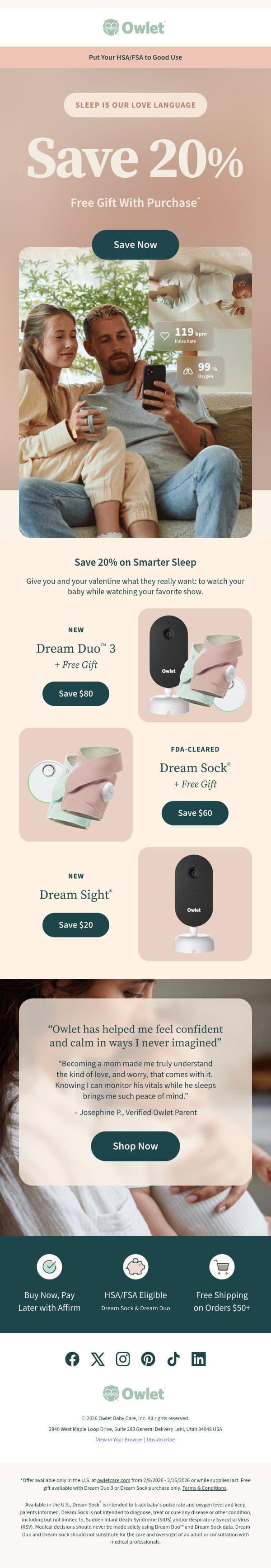 20% off + a gift! Let us take care of the rest. email from Owlet screenshot