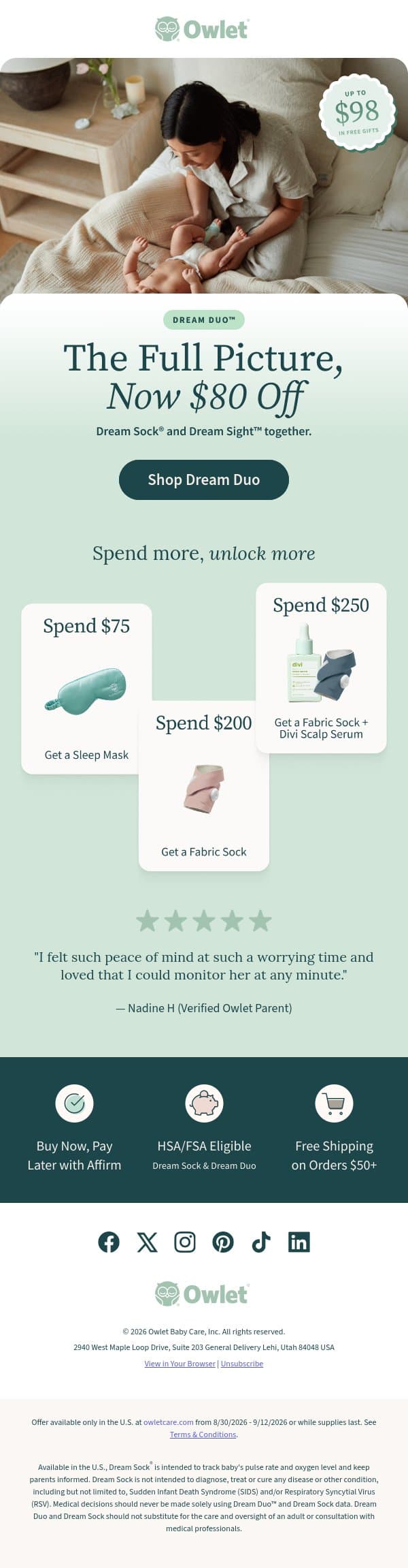 Free gifts + $80 off? Yes, really. email from Owlet screenshot