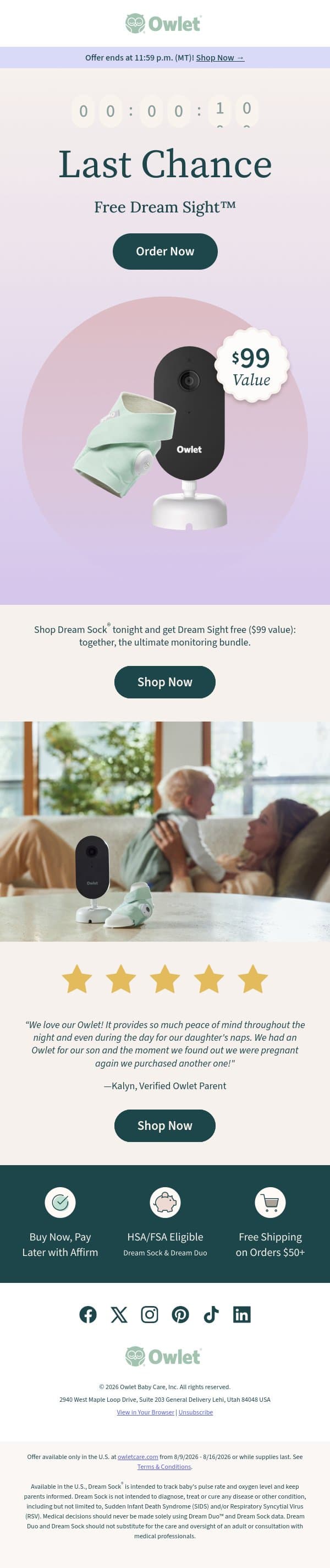 ⏰ Free Dream Sight ends tonight! email from Owlet screenshot