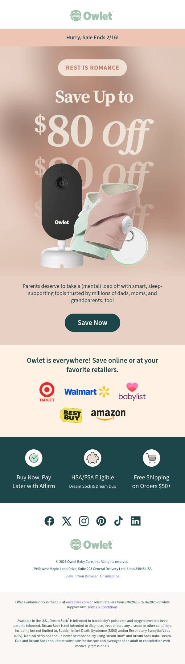 Just 2 MORE DAYS to save big! email from Owlet screenshot