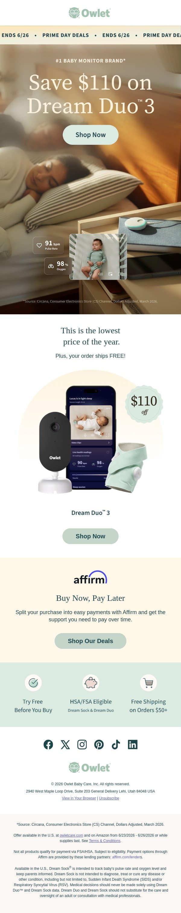 Up to $110 off but not forever! email from Owlet screenshot