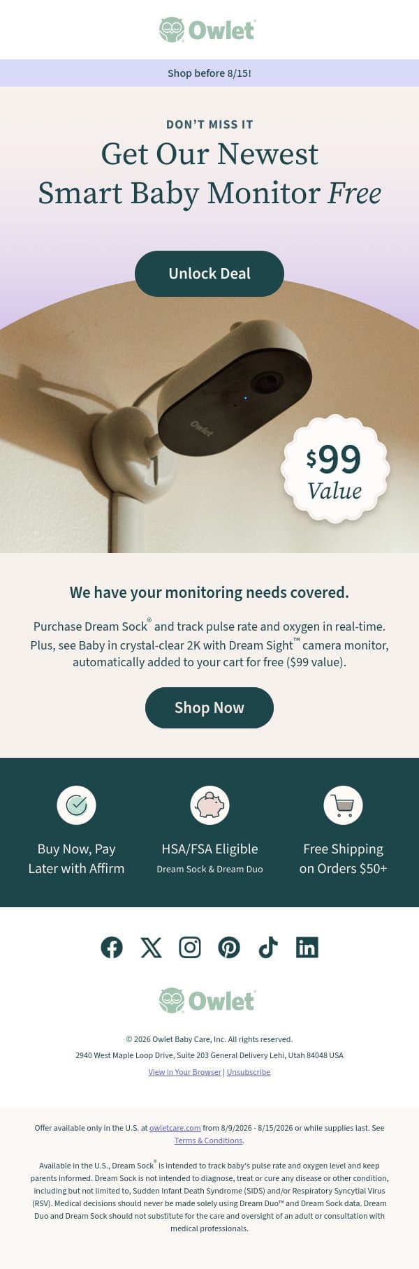 Don't miss it: Free camera monitor! email from Owlet screenshot