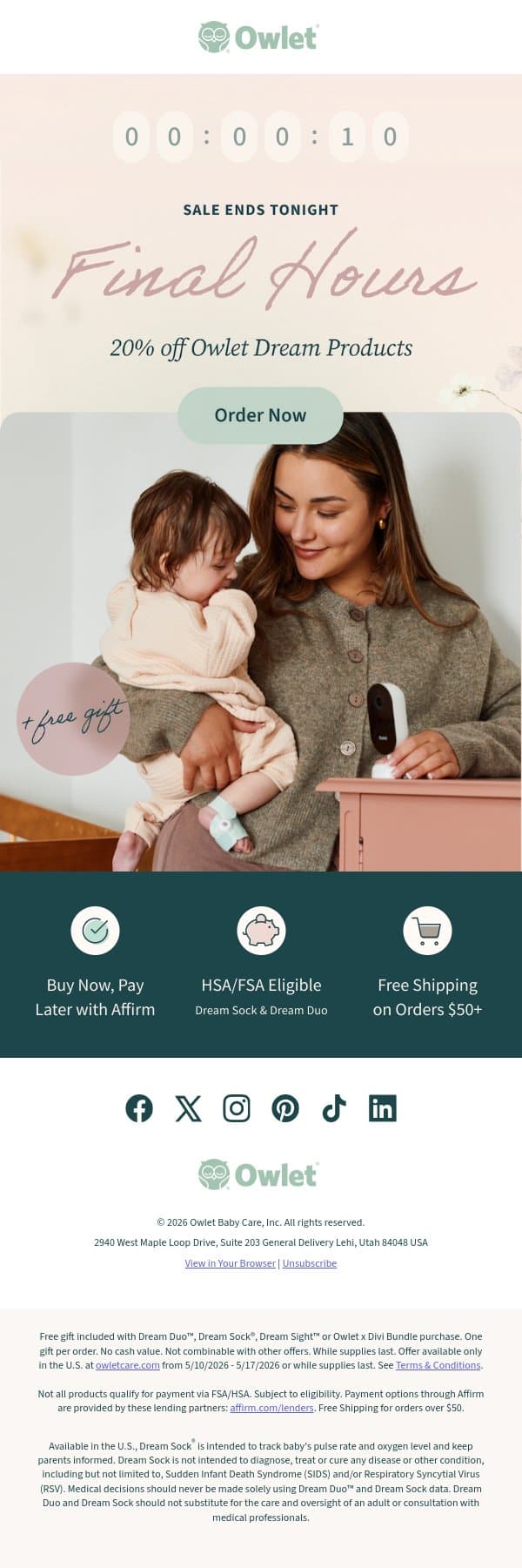 ⏰ This. Is. It. Only hours left to save! email from Owlet screenshot