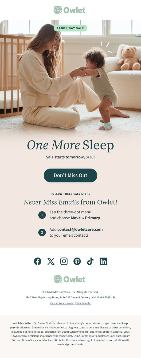 Labor Day sale. Coming soon! email from Owlet screenshot