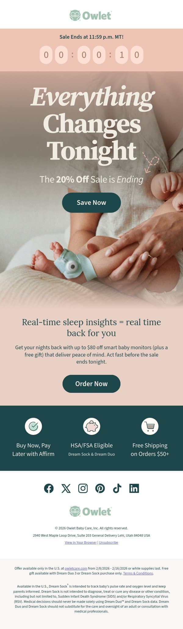 ENDS TONIGHT: 20% off + FREE gift 🎁 email from Owlet screenshot