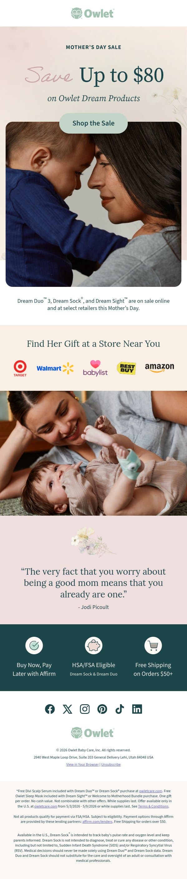 Best sellers are 20% off—online and in stores! email from Owlet screenshot