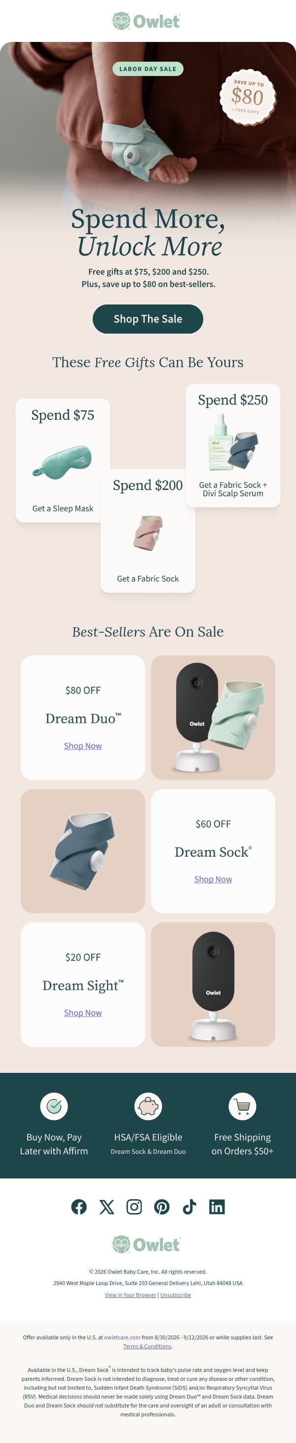 Labor Day weekend savings & gifts! email from Owlet screenshot