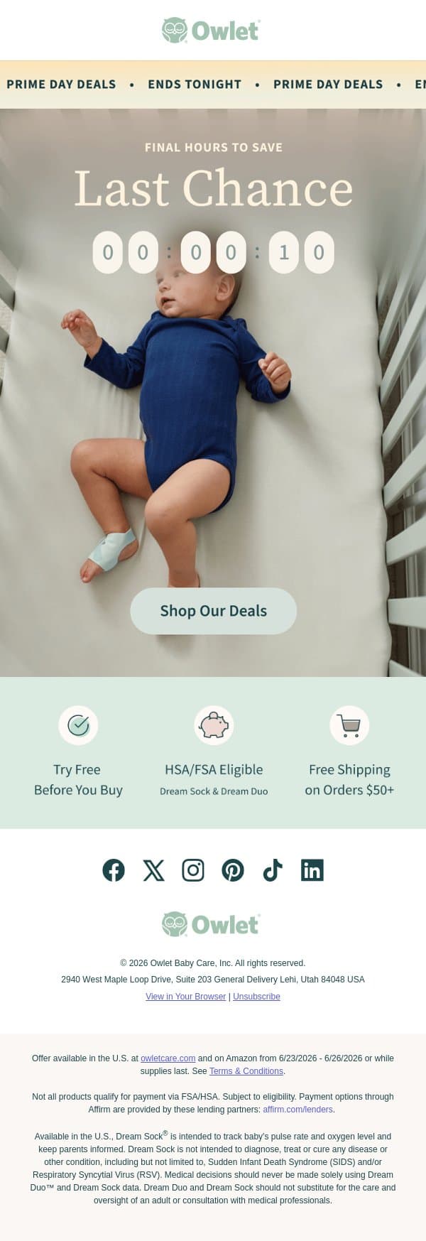 📣 FINAL HOURS 📣 Lowest prices of the year! email from Owlet screenshot