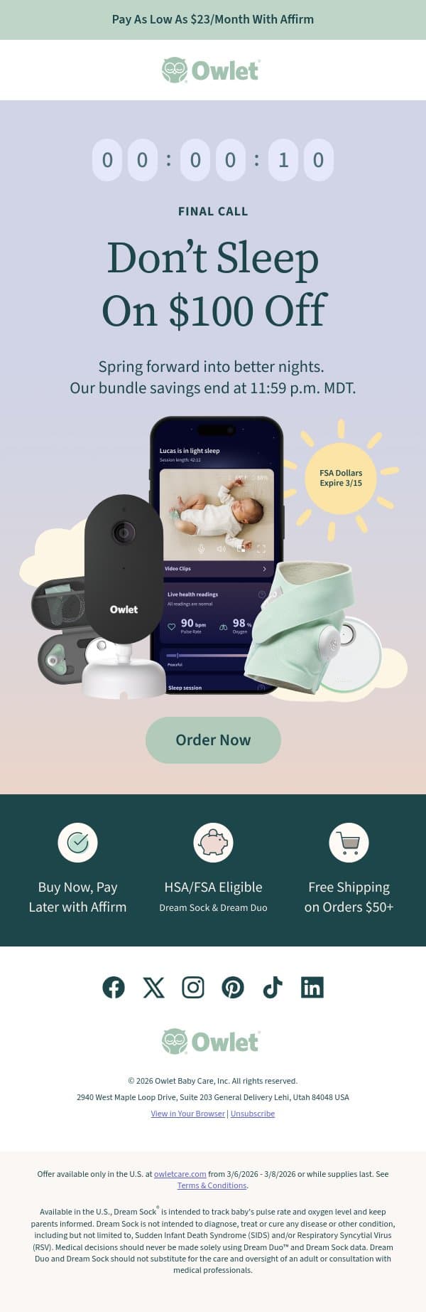 Ends tonight: Don't sleep on this deal! email from Owlet screenshot