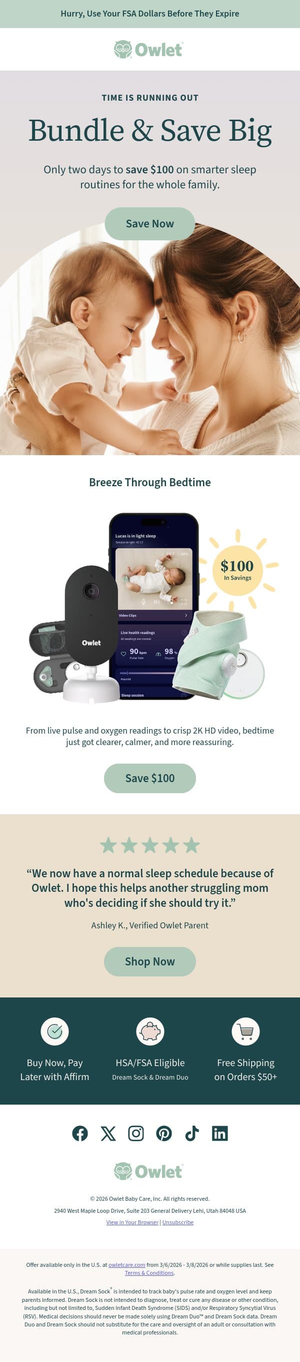 To-do: Save $100 before it ends! email from Owlet screenshot
