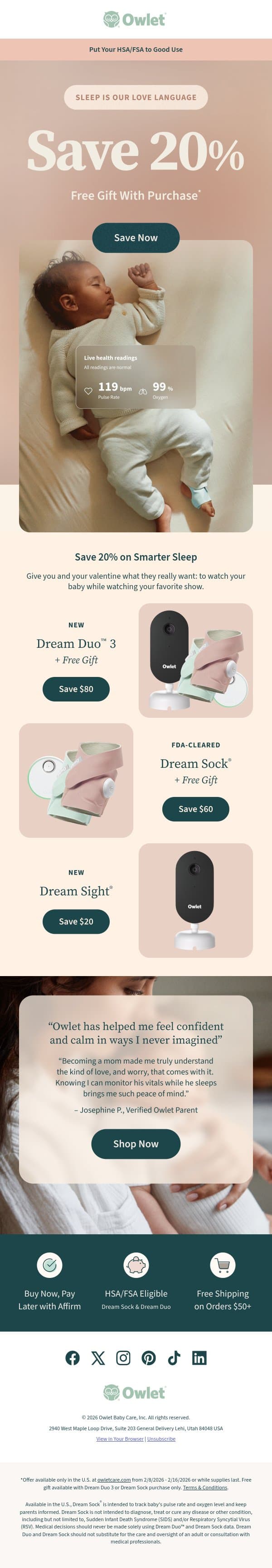 Limited time! Up to $80 off + a FREE gift. email from Owlet screenshot