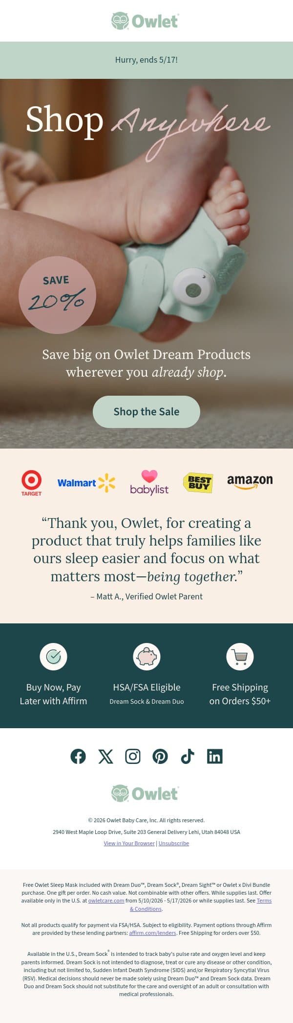 Hurry, save up to $80 today! email from Owlet screenshot