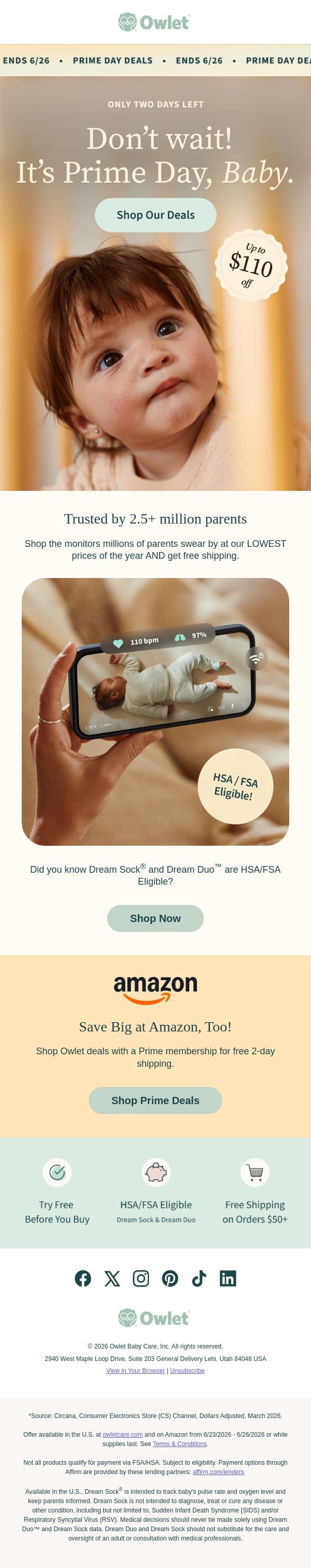 2 DAYS LEFT: Best prices of the year! email from Owlet screenshot