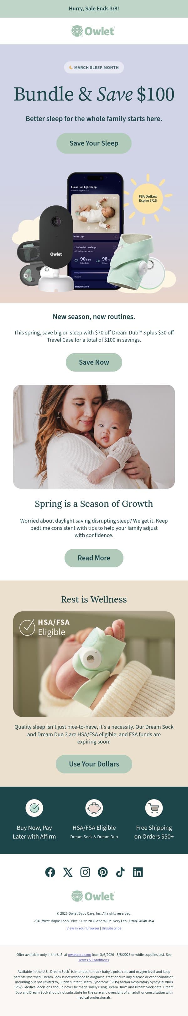 🌼 Spring into sleep with $100 off! email from Owlet screenshot