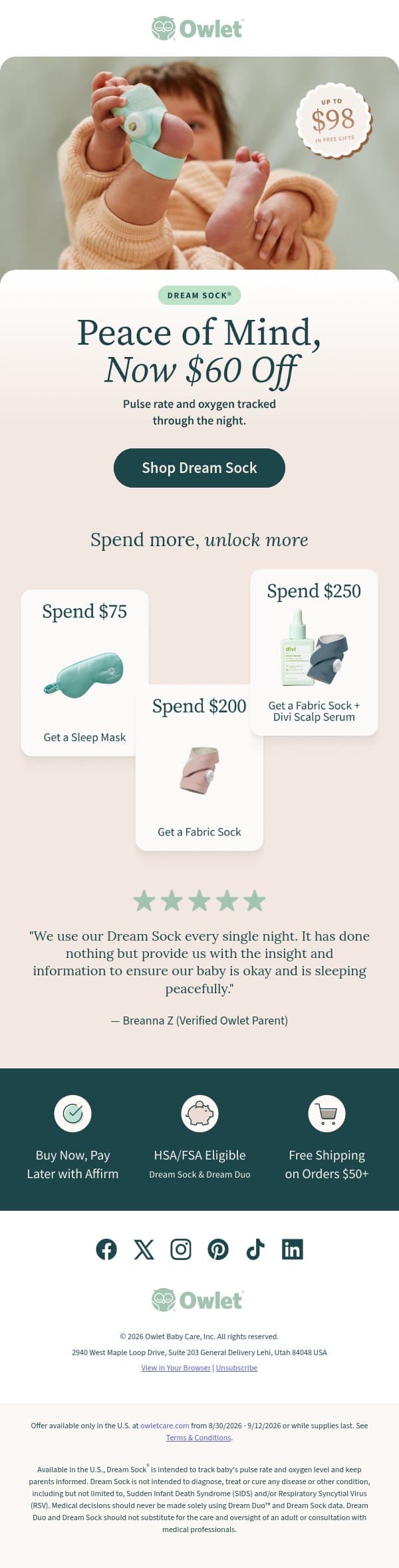 Rest easier: Labor Day SAVINGS! email from Owlet screenshot