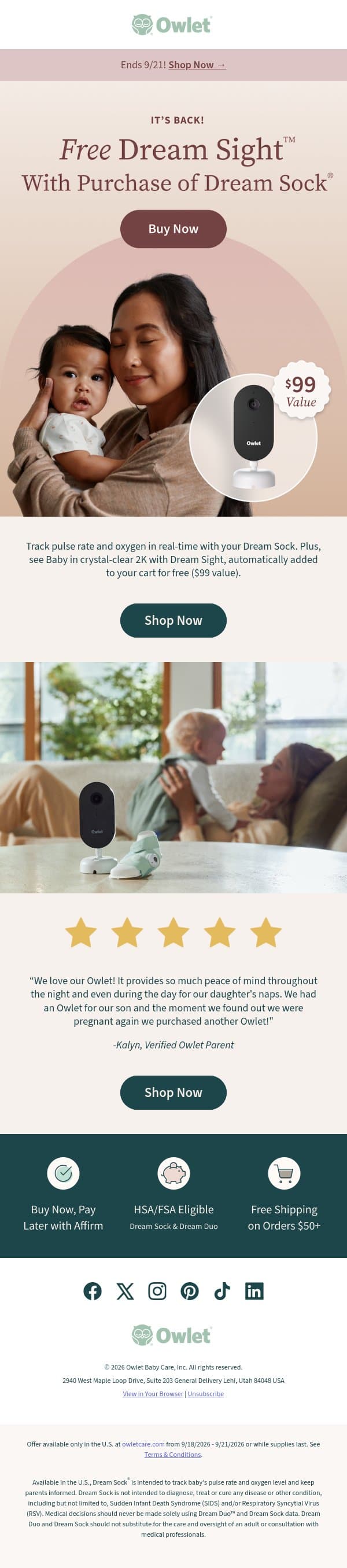 4 days only: Free Dream Sight 🎉 email from Owlet screenshot