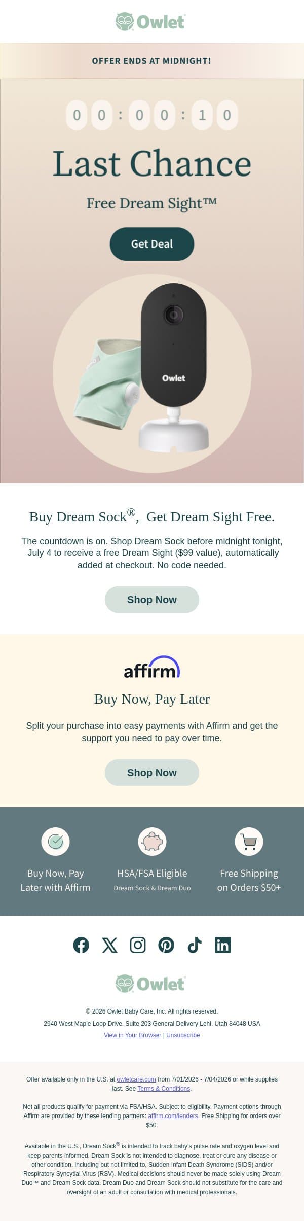 Ends at midnight, our 4th of July Sale! email from Owlet screenshot