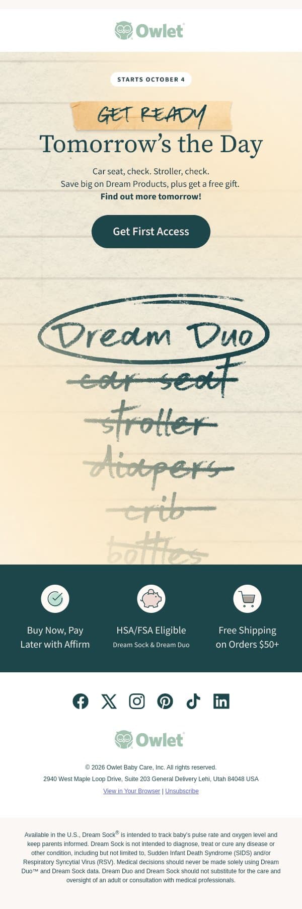 Tomorrow, your wishlist goes on sale! email from Owlet screenshot