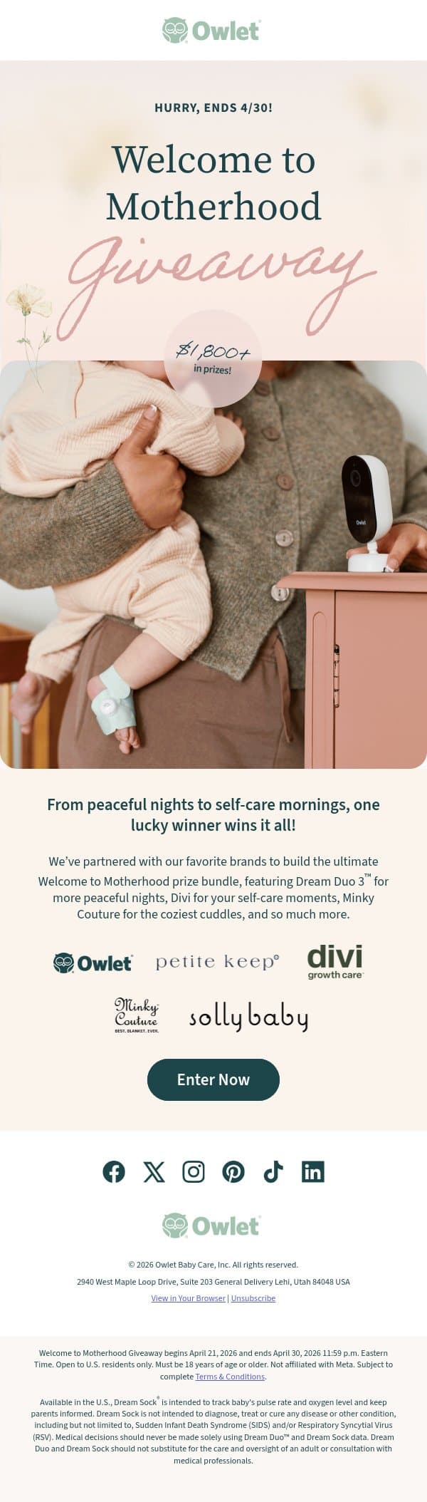 Last chance: One lucky mom wins $1,800+ in prizes! email from Owlet screenshot