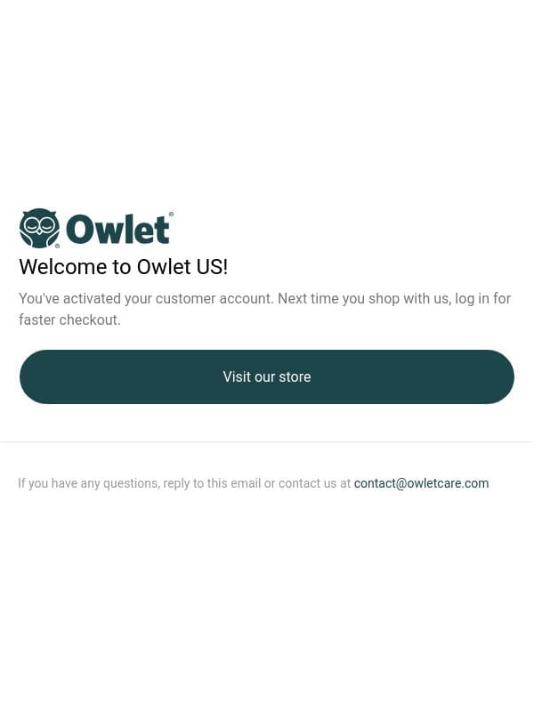 Customer account confirmation email from Owlet screenshot