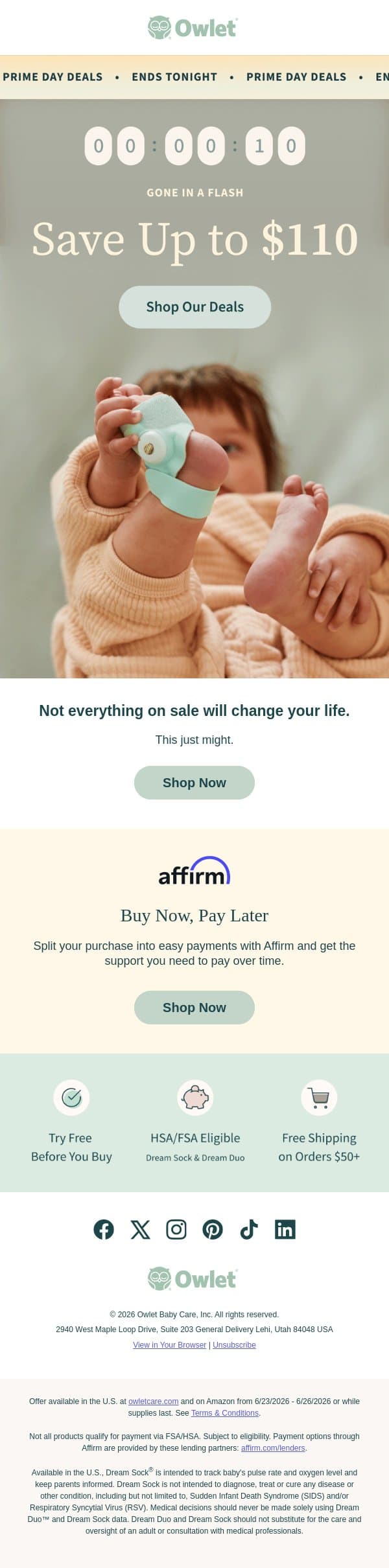 ⏰ Last day: Up to $110 off email from Owlet screenshot