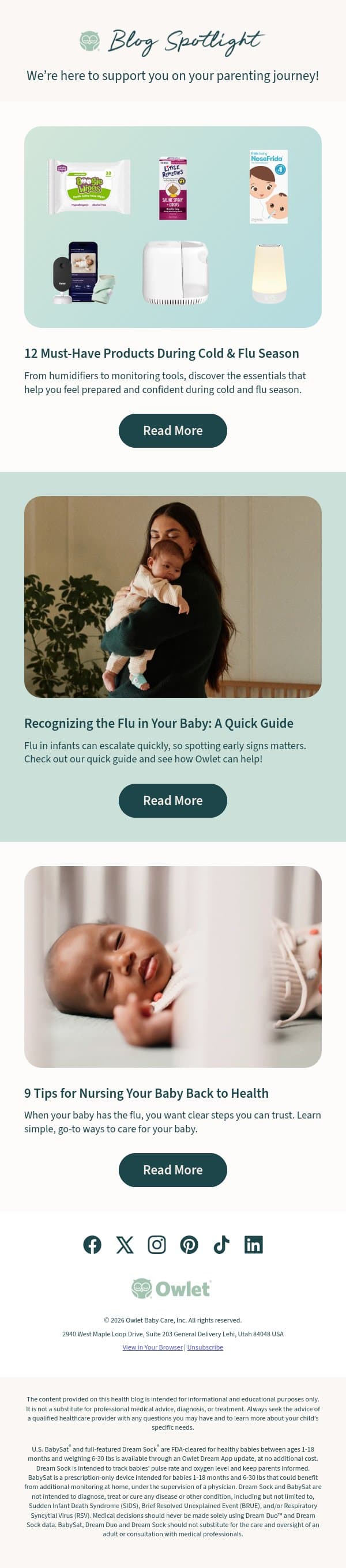 Get through cold & flu season together! email from Owlet screenshot