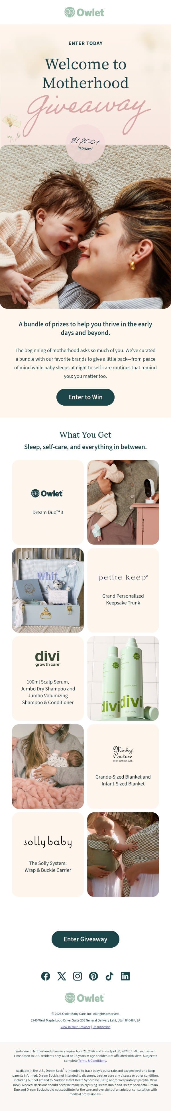 💐 Mom, enter our Welcome to Motherhood Giveaway! email from Owlet screenshot