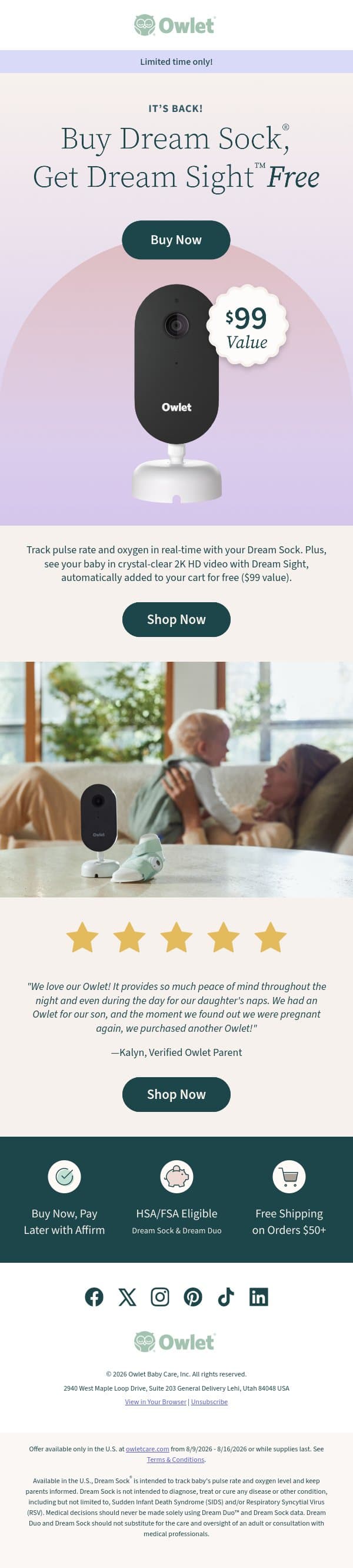It's back! A $99 value, yours free email from Owlet screenshot