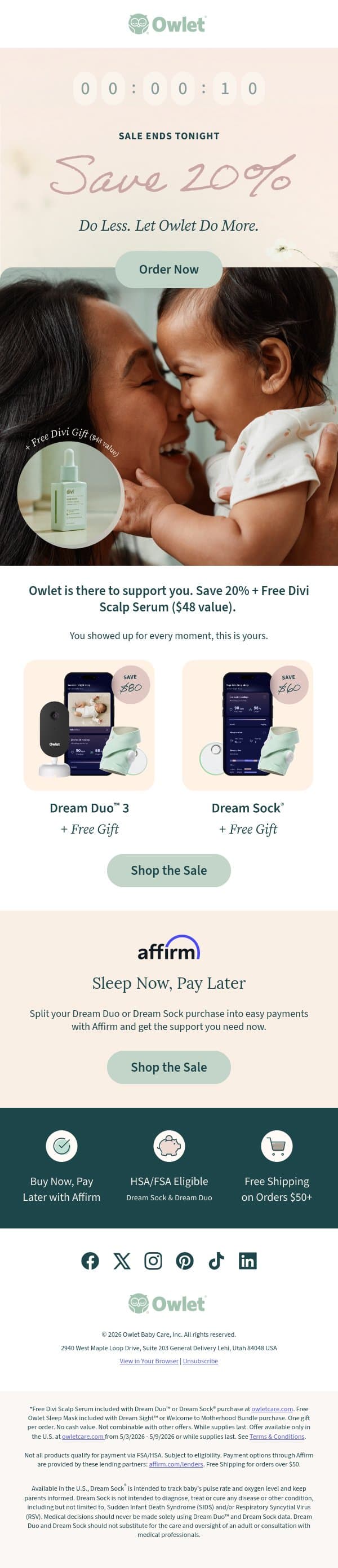 ENDS TONIGHT! Free Divi gift + 20% Off. email from Owlet screenshot