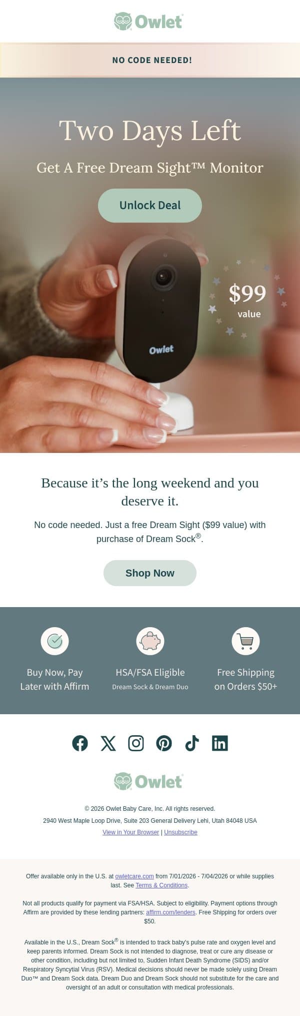 ⏰ 2 days left, don't miss it email from Owlet screenshot