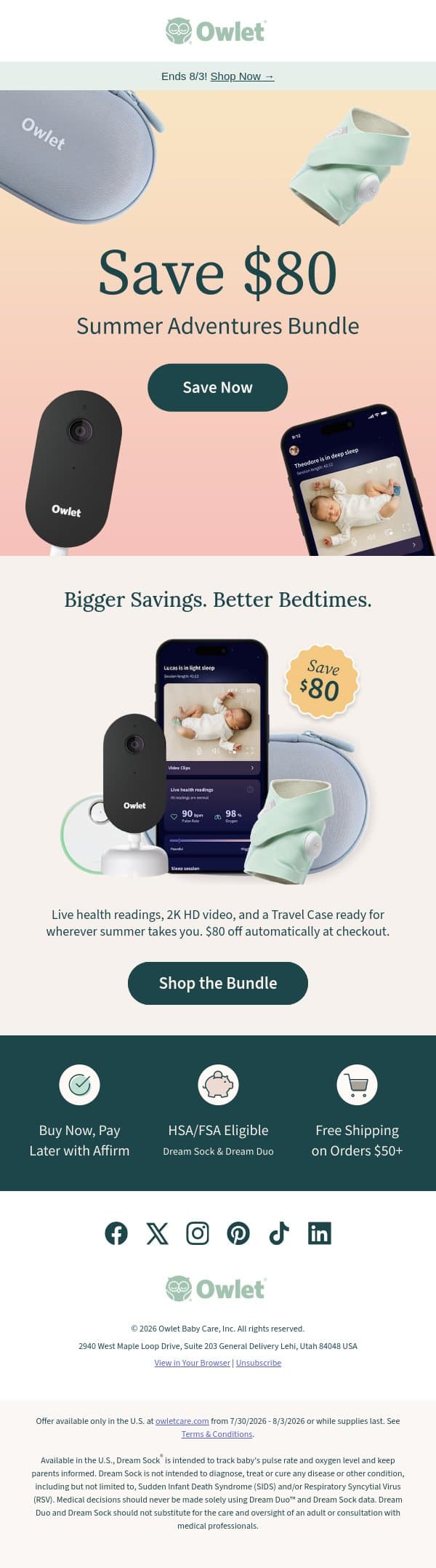 ☀️ Summer adventures await with $80 off ☀️ email from Owlet screenshot