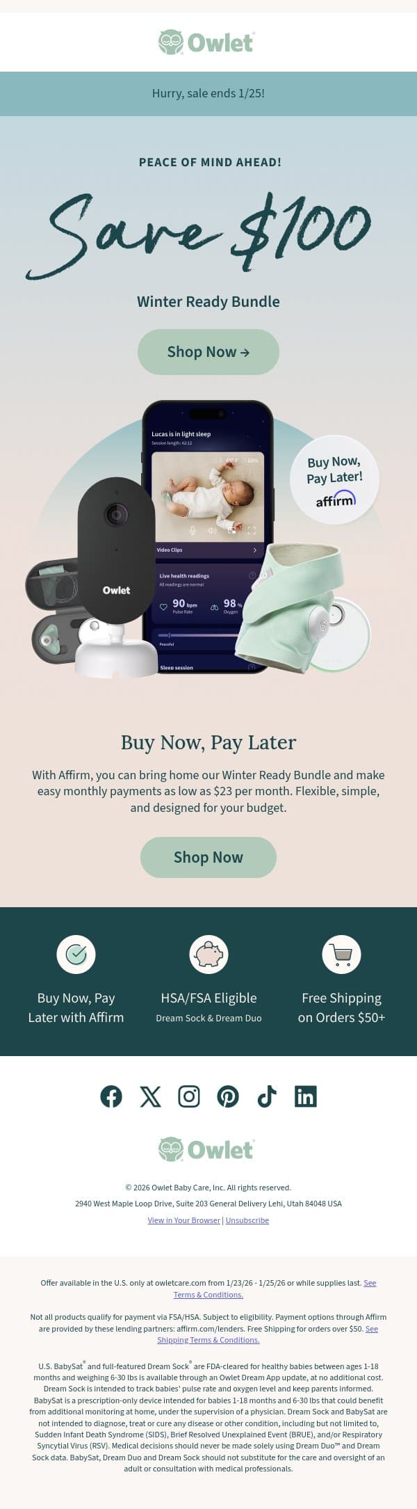 Save $100 for peace of mind now & later ❄️ email from Owlet screenshot