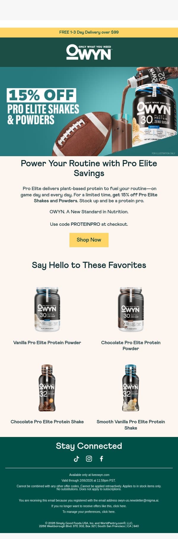 Champion Your Protein with 15% Off Pro Elite Shakes & Powders email from OWYN screenshot