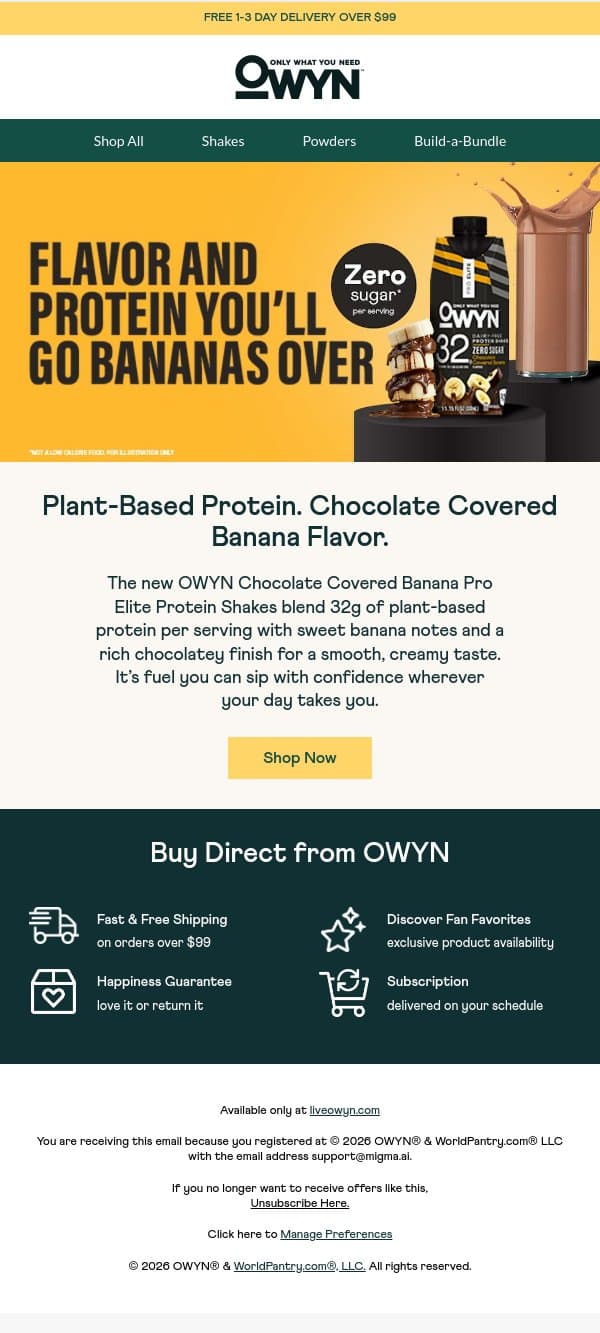 Try the new OWYN Chocolate Covered Banana Pro Elite Protein Shake email from OWYN screenshot