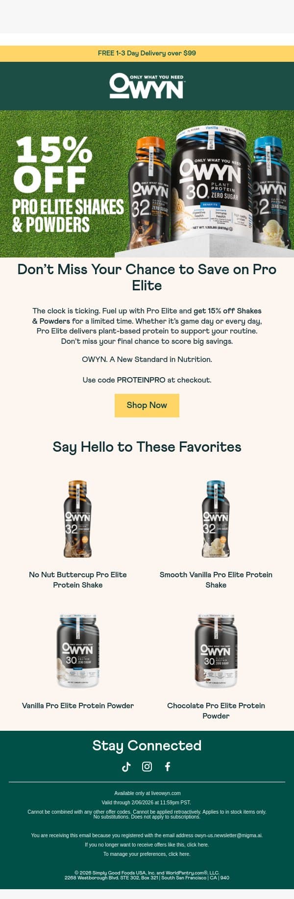Last Chance—Get 15% Off Pro Elite Shakes & Powders email from OWYN screenshot