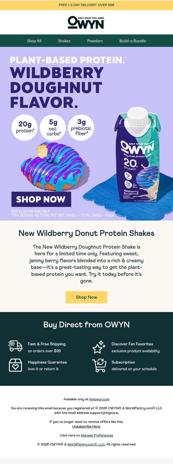 Say Hello to the New Wildberry Doughnut Protein Shake email from OWYN screenshot